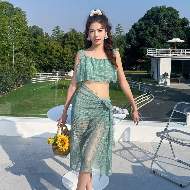 夏季性感平角比基尼泳衣 分體式鋼托泳裝 網紗設計女用泳組 海邊沙灘渡假必備 #19338綠色 #M(45-50kg), M(45-50kg)