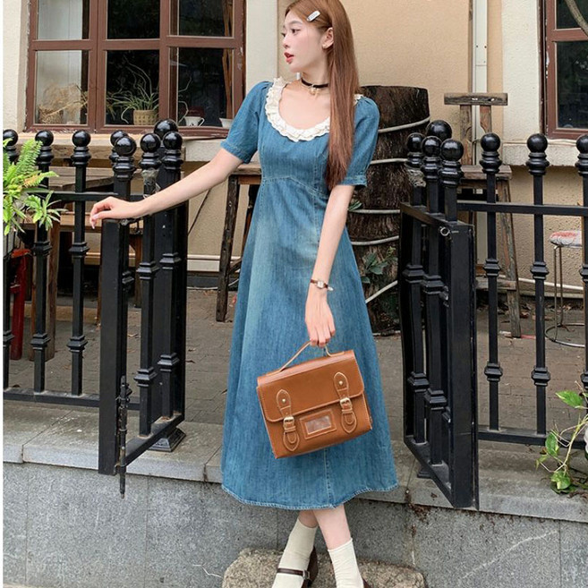 꽃소담 여자 레이스 라운드넥 슬림핏 데님 반팔 롱원피스 XP737