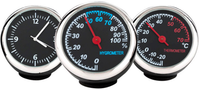 차량용 미니 게이지 시계 온도계 습도계 차량용 아날로그 시계 차꾸미기 용품, 검정, 1개, 온도