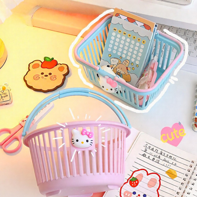 산리오 바구니 손잡이바구니 목욕바구니 다용도 정리함, 1개, 핑크원형, 헬로키티