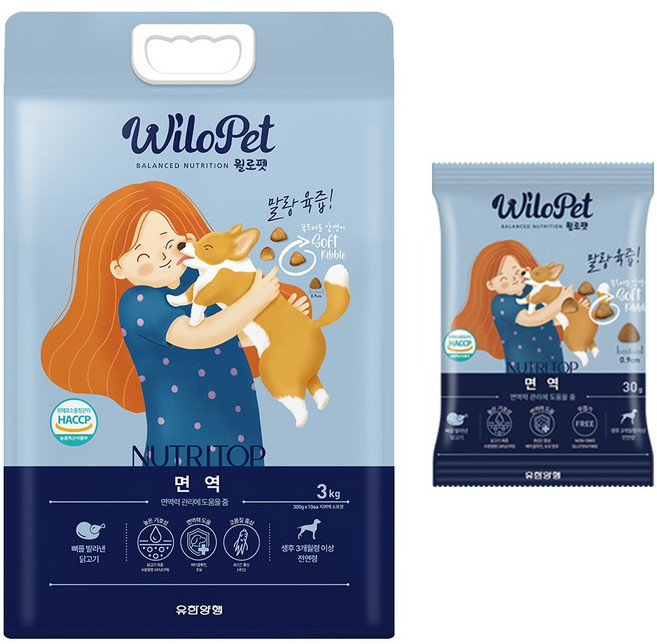 유한양행 윌로펫 뉴트리탑 면역 3kg 전연령 강아지 소프트 부드러운 사료, 닭+쌀, 1세트