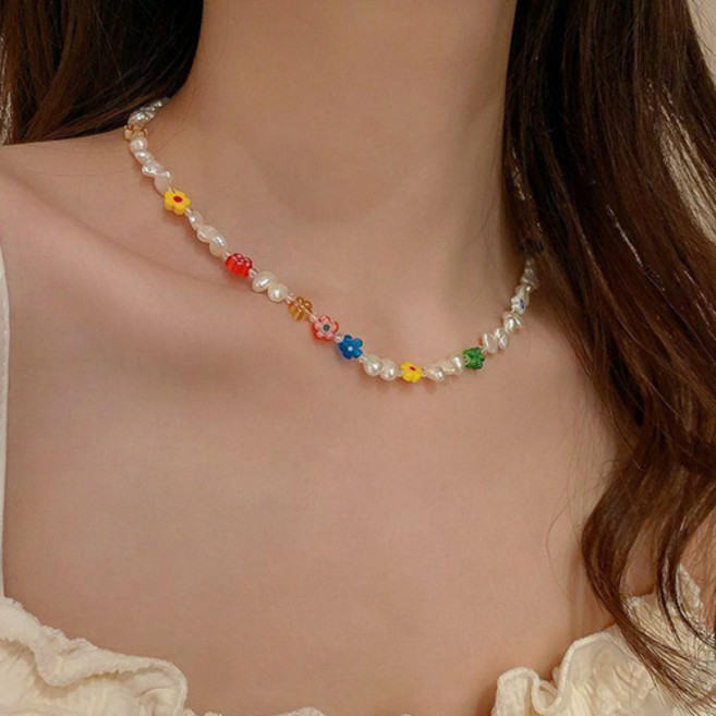 플라워 비즈 진주 초커 목걸이