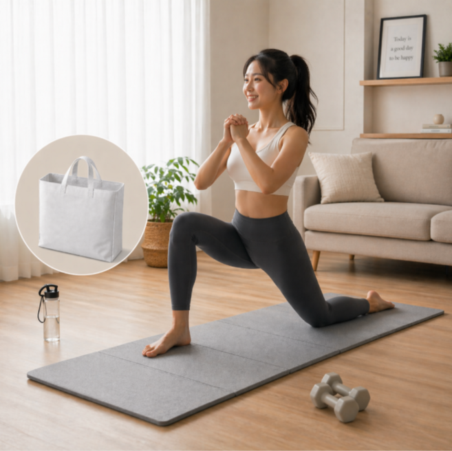 우라피크 미끄럼방지 층간소음방지 파우치 포함 휴대용 접이식 요가매트, 그레이, 1개