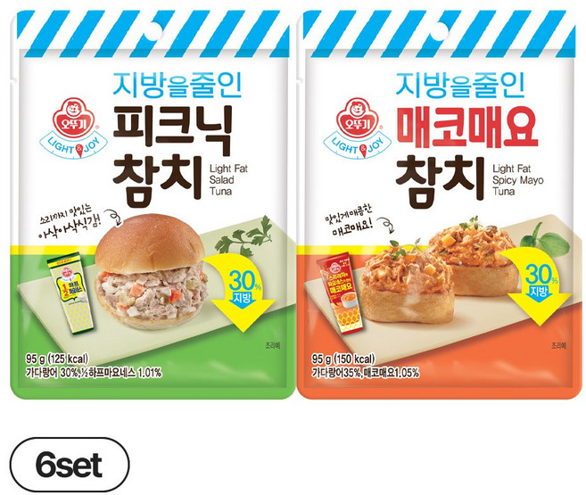 오뚜기 LIGHT&JOY 지방을 줄인 피크닉참치(파우치) 95g 6개 + 지방을 줄인 매코매요참치(파우치) 95g 6개 (총 12개)