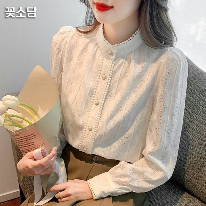 꽃소담 여성 반폴라 긴팔 레이스 셔츠 이너 슬림핏 오피스 셔츠