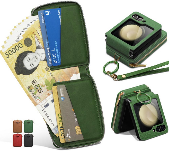 Z플립 7 6 5 4 3 지갑형 대용량 현금 수납 카드4장 손목 롱 스트랩 핑거 링 힌지보호 갤럭시 제트 플립 정품 지폐 폰케이스 고급 PU 가죽 핸드폰 케이스 제이콥스타일