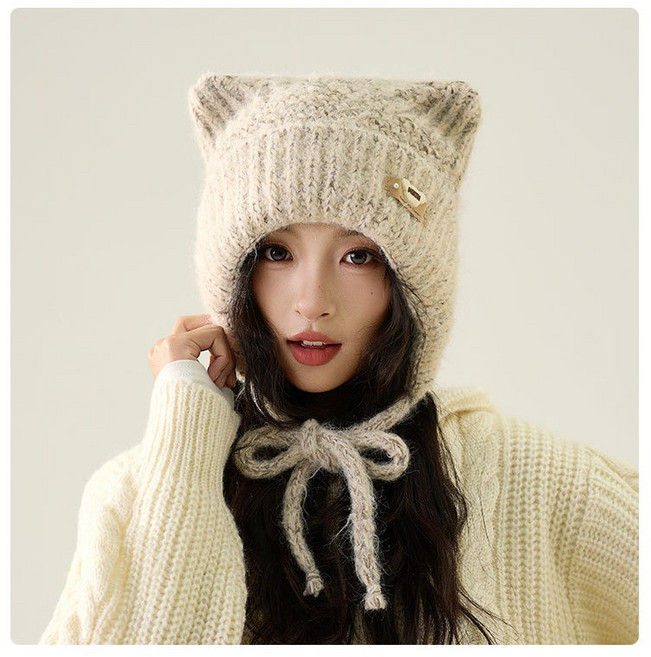 Karsaer 곰 귀달이 모자 여성 비니 고양이귀 모자 겨울 볼륨 보온 방한 도톰 귀요미 슬림 효과 스킨십 G0225