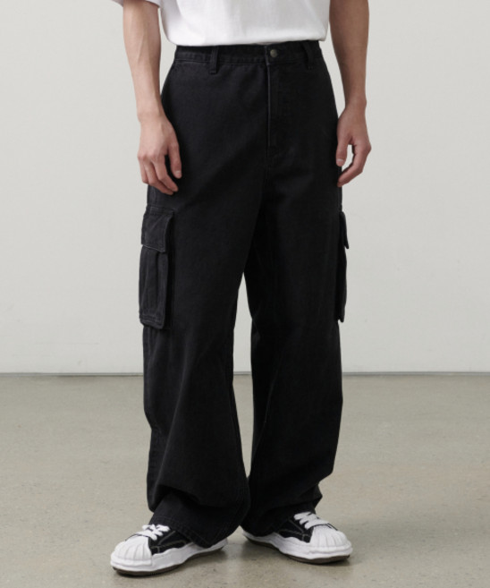 무신사 스탠다드 와이드 카고 데님 팬츠 워시드 블랙 498131