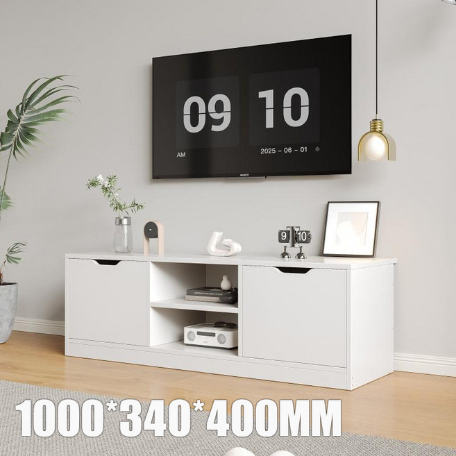 Kurua 거실장 서랍도어+도어형+오픈 TV테이블 거실장 1200 x 340 x 400 mm, 베이직/도어형+화이트(1000x 340 x 400mm)