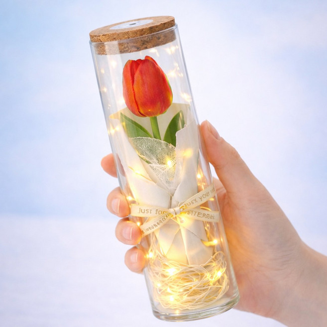 모아룸 LED 유리병 꽃다발 편지지 쇼핑백 선물세트, 1개, 레드