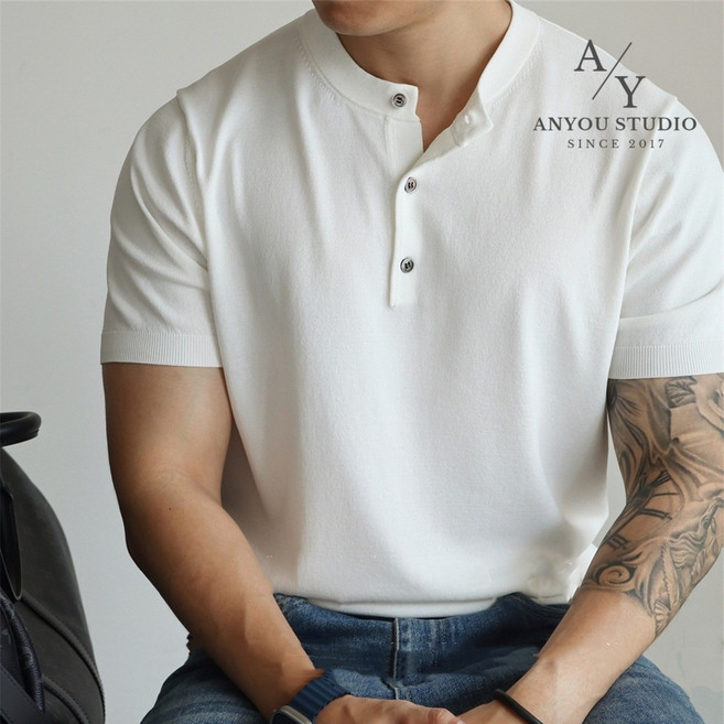 남성 여름 니트 아이스 실크 반팔 슬림핏 비즈니스 우아한 티셔츠