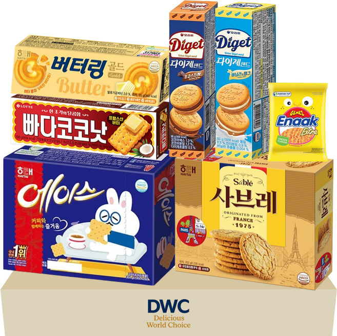 과자세트 종합세트 7종 총 7개 사브레 에이스 빠다코코낫 다이제샌드 초코스프레드 다이제 바닐라크림 버터링 골드 등 사무실 탕비실 간식 대용량
