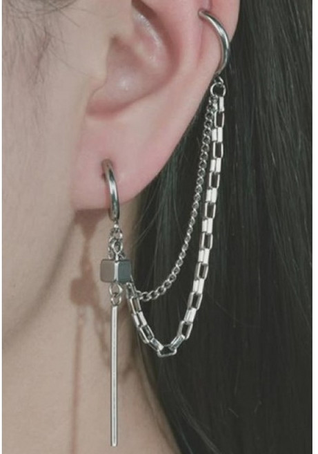 써지컬스틸 큐브 블록 더블 체인 레이어드 드롭 원터치 링 투핀 투웨이 귀걸이 귀찌 피어싱 이어커프 남자
