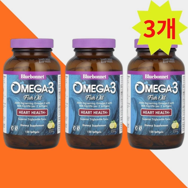 블루보넷 오메가3 지방산 피쉬오일 120정 레몬향 Omega3 DHA EAP 3개 - 쿠팡