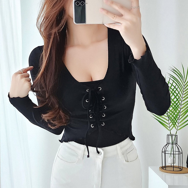 아비엘르 브이넥 모달 텐셀 골지 아일렛 프릴 물결 리본 긴팔 크롭 가디건 텔라