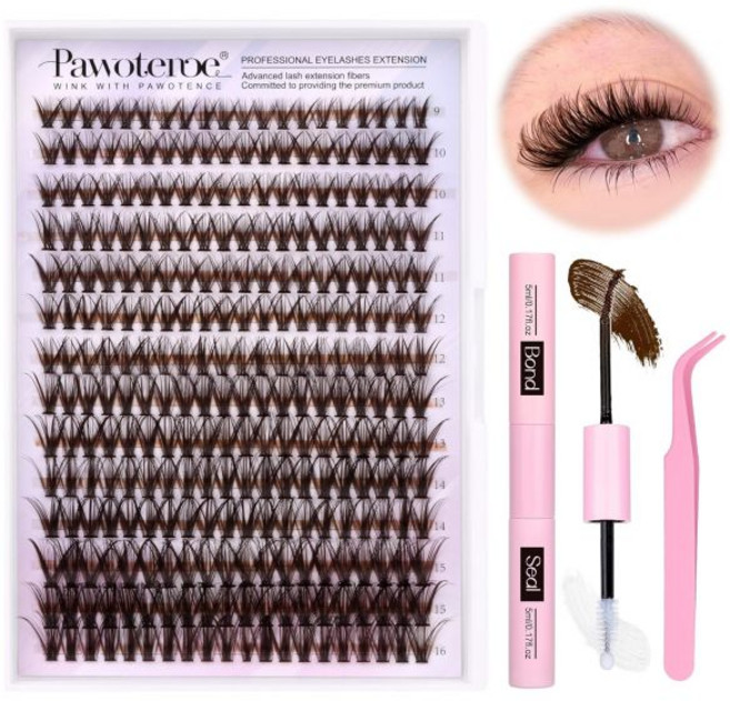 Pawotence 속눈썹 연장 키트 DIY 280pcs 클러스터 키트 9 16mm 30D 40D 개별 및 씰 자체 사용용 핀셋(30D 40D 0 07D 9 16mm 키트), 40D KIT brown
