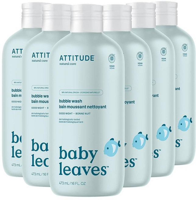 ATTITUDE 아기용 버블 바디 워시 EWG 인증 피부과 테스트 완료 식물 및 미네랄 기반 비건 굿 나이트 400ml(16온스) (6팩), 수박 및 코코