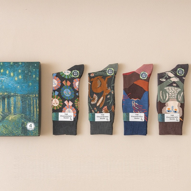 앨오앤지 선물용 명화그림 패턴 순면 장목양말 4종세트