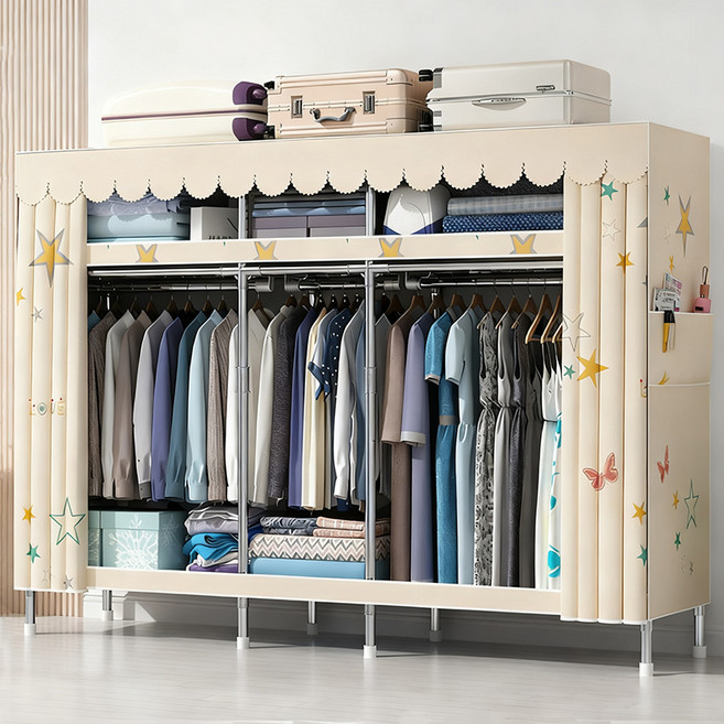 [시스슈] 조립식 3단 이동식 행거 시스템 강화 철제 프레임 | 대용량 하단 수납공간 & 먼지방지 커튼 장착간이옷장 합금 조립식옷장 비키니 옷장, 베이지색