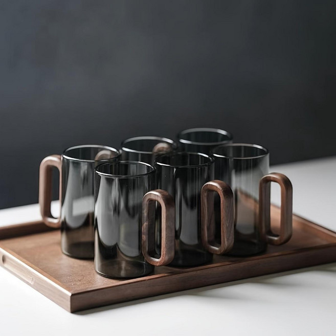 쿠코아 고급 원목 손잡이 프리미엄 내열 유리컵 2P 세트, 1세트, 스모크그레이