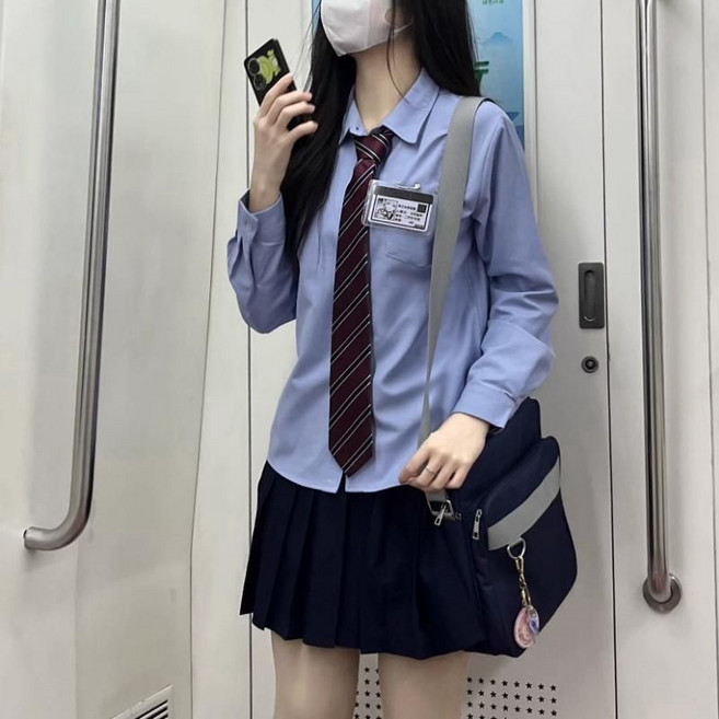 티류으스 여성 봄가을 블루 스쿨룩 셔츠 롱슬리브 아우터 레이어드 스타일 학생복 교복 디자인감 가벼운 여학생 Z0407