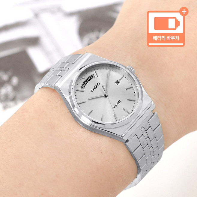 카시오 레트로 빈티지 라운드 데이데이트 심플 남자 메탈 시계 + 배터리 바우처