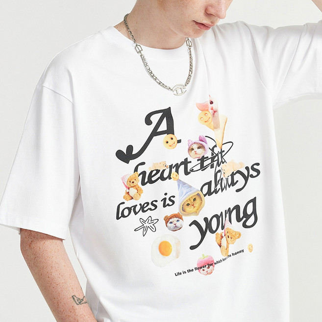 지디오 유리M 남성 반팔 티셔츠 오버핏 라운드 반팔티 고양이 프린팅 헤비 면티 남녀공용 남자반팔티