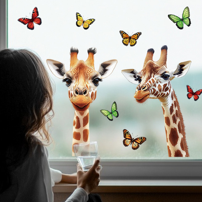 UV 양면 정전기 창문 스티커 다양한 동물 시리즈 디자인 인테리어 소품 120x30cm, 기린