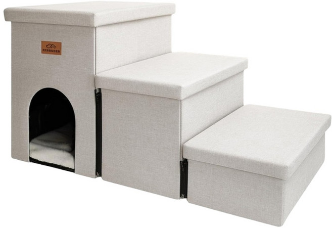 펫블리스 프리미엄 애견 수납형 3단 계단 펫스텝, 크림베이지, 1개