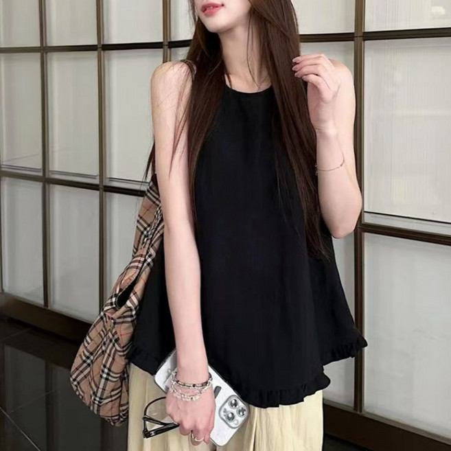 Makone 여성 라운드넥 솔리드 무지 밑단 프릴트리밍 프렌치 심플 루즈핏 민소매 블라우스