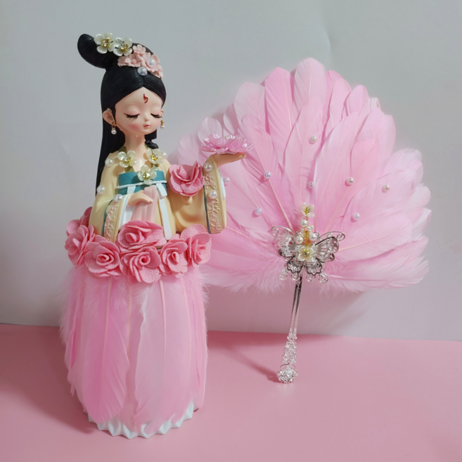 꽃담공방 선녀인형 대형 부채 깃털부채 법당선물, 1개, 라이트핑크