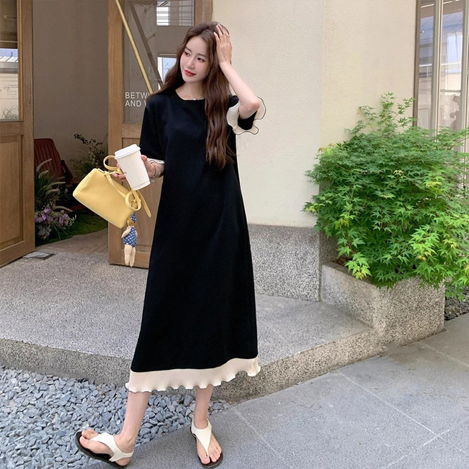 SELEAD 여름롱원피스 빅사이즈원피스 블랙원피스 반팔원피스 검정원피스 심플레트로 미디원피스 루즈핏원피스 L~3XL