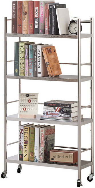 스테인리스 스틸 파도무늬 책장 가드레일 포함 확장발판+바퀴 세트 단층 40kg 강력수납 주방 욕실 거실 사무실 다용도 선반 현대 인테리어 책장, 4단, 실버