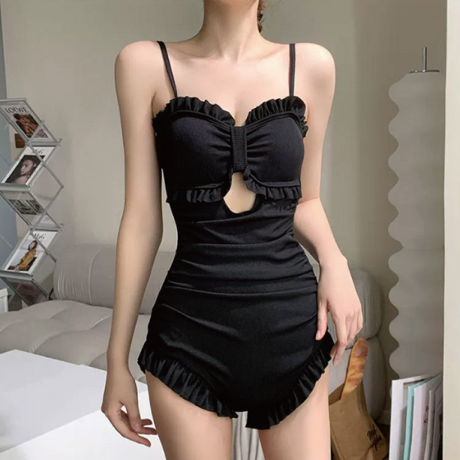 女士連體泳衣 荷葉邊 蝴蝶結設計 露臍, 黑色連身泳衣0392