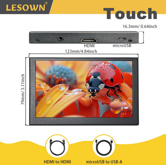 LESOWN 미니 모니터 디스플레이 컴퓨터 경량 HDMI 800X480 화면 인치 PC 휴대용 플레이 소형 윈도우 LCD 플러그 IPS, 02 5in Touch