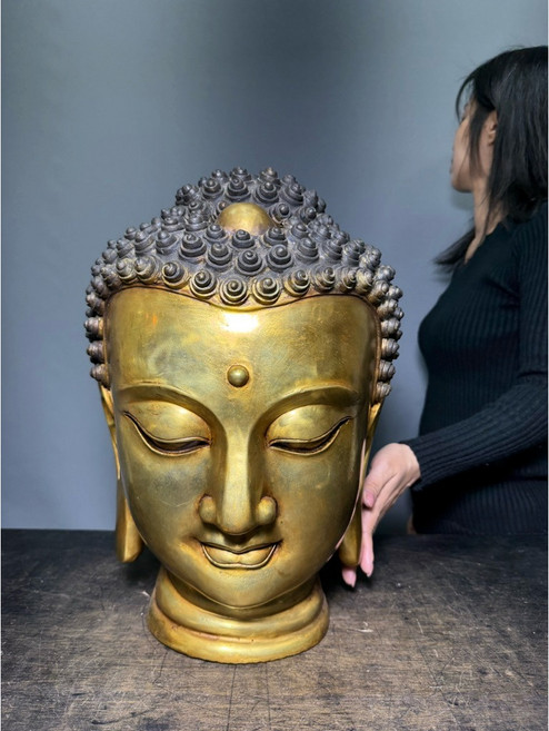 銅製佛頭 佛像 佛教擺件, 金黃