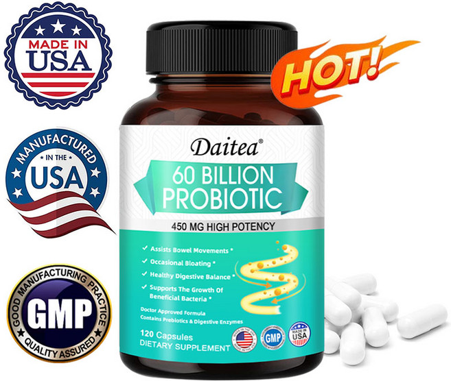 60 BILLION 프로바이오틱스 컴플렉스 캡슐 450mg 고농도 포뮬라로 프리바이오틱스와 소화효소 함유로 장 건강 지원, 3개, 60회분