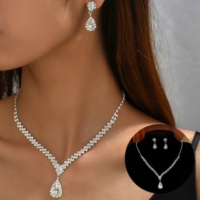 여성 파티 공연 웨딩 행사 화이트 물방울 큐빅 줄란 드롭 목걸이 귀걸이 2종 세트 A1708