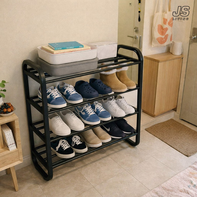 JS리빙 원룸 4단 신발 정리대 수납장 좁은 공간 슬림 신발장 거실 실내화 슬리퍼 수납 선반 베란다 슈즈 심플한 다용도 정리선반 현관 틈새 슈즈렉 KR&12VDR5204, 1개, 블랙