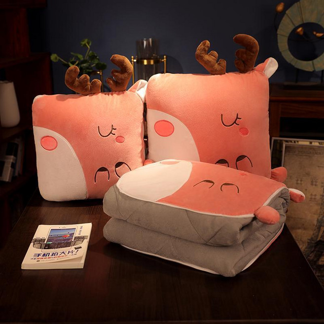 베개 퀼트 듀얼 목적 사무실 낮잠 작은 베개 자동차 담요 자동차 접이식 여름 귀여운, 면화45cm이불1.5*1.8M, 사슴