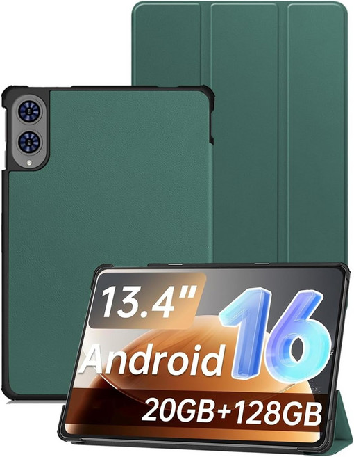 For Teclast T65 (2025) Smart Case 13.4" Tablet PC Triple-Folding Stand Cover with Hard Back Coque, Dark Green, 1개