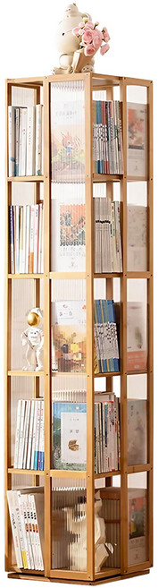 360度旋轉書架 環保竹木開放式層架 多功能收納簡約時尚, 原木色, 5層