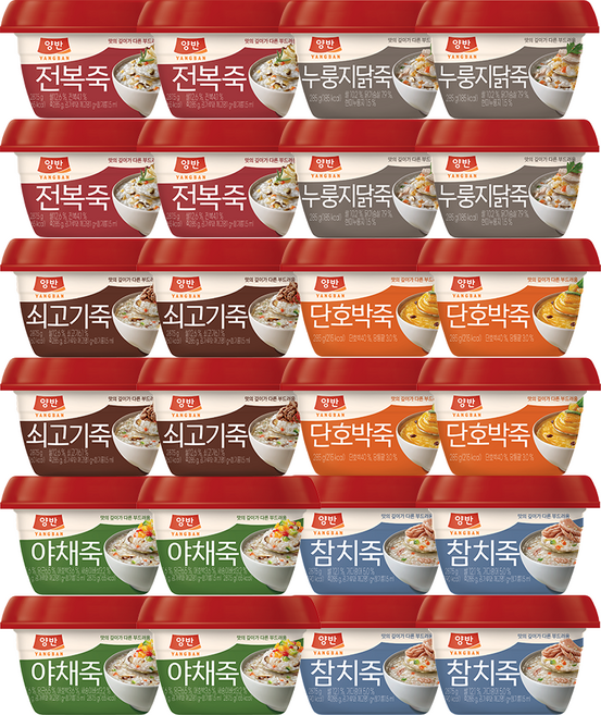 동원 양반죽 용기 6종 (전복죽4+쇠고기죽4+단호박죽4+누룽지닭죽4+야채죽4+참치죽4), 24개, 285g