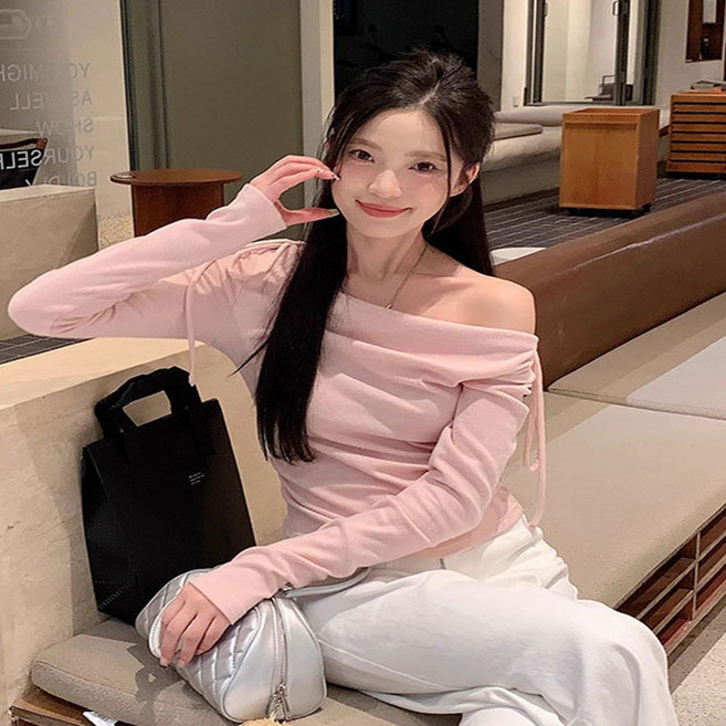 여성 여자 러블리 리본 포인트 셔링 오프숄더 티셔츠