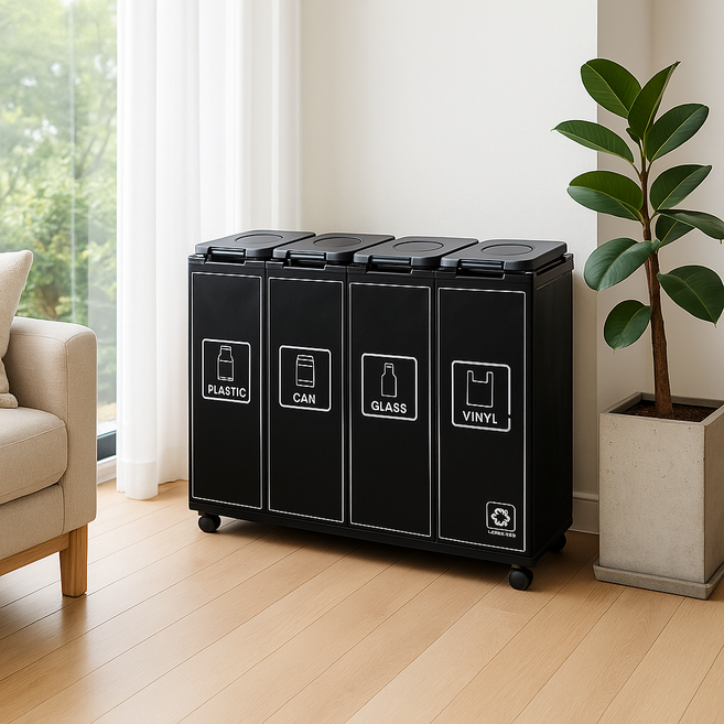 [공간앤] 대용량 튼튼 커버 4단 분리수거함 / 전용 비닐 /전용 스티커 포함 /, 블랙