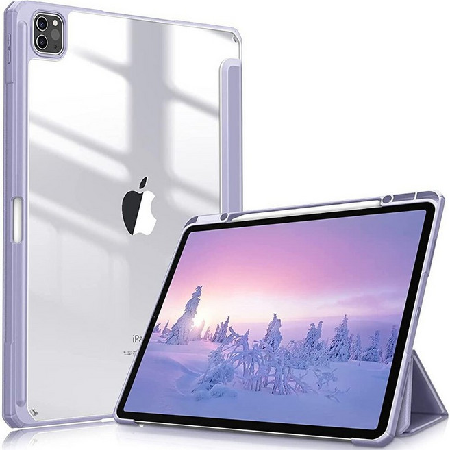 Fintie 하이브리드 슬림 케이스 iPad Pro 12.9인치 5세대 2021용 - [내장 Pencil 홀더] 투명한 뒷면 쉘이 있는 충격 방지 커버 iPad Pro 12, 라일락 퍼플