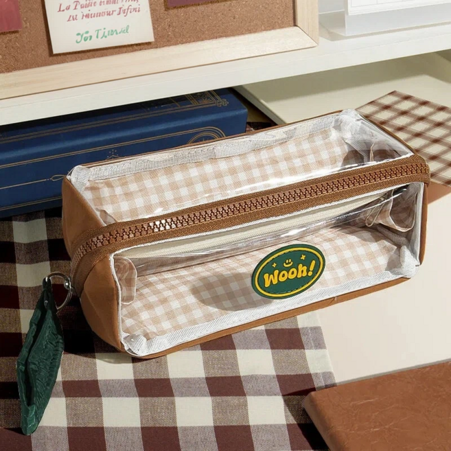 앤루프 3단 투명 필통 대용량 멀티 수납 파우치, 1개, 브라운체크