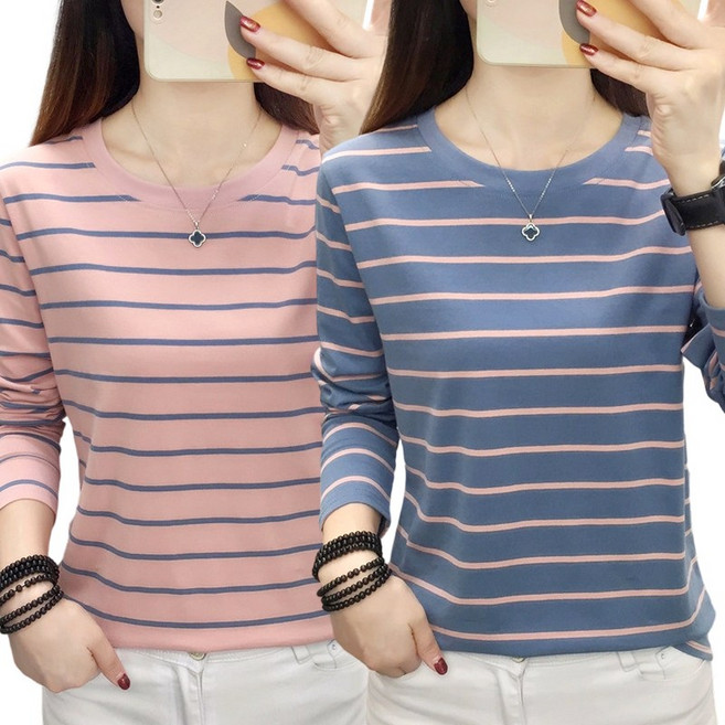 1+1 스타일아유 고품질원단 면95% 빅사이즈 루즈핏 스트라이프 라운드넥 긴팔 티셔츠 여성용 이너 상의 TS3315