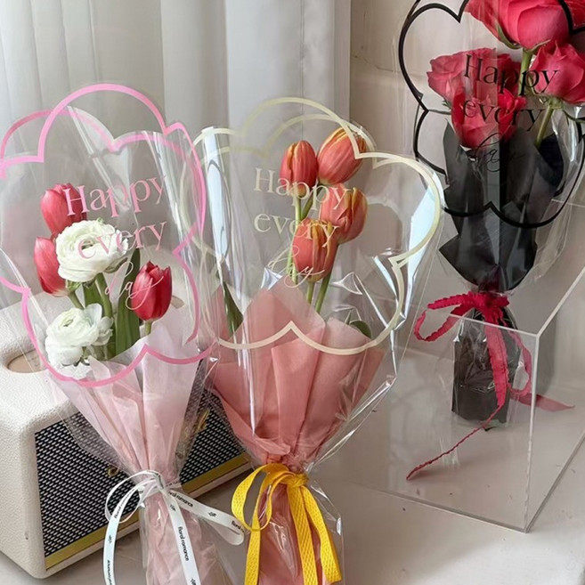해피 꽃다발포장지 플로드지 꽃포장 라인포인트 포장지 50매 광택 OPP포장지, 1개, 해피 핑크