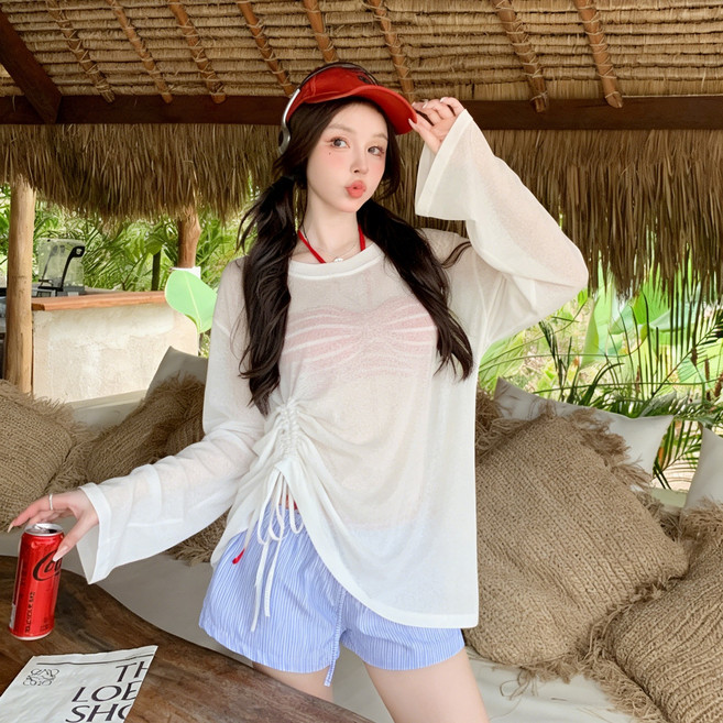 Belua 여성 시스루 긴팔 커버업 티셔츠 비키니 수영복 비치웨어 여름 자외선차단 루즈핏 셔링 스트링